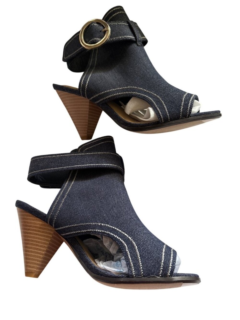 Denim Peep Toe Heels With Buckle Strap & Stacked Heel Size 9M